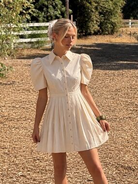 En Saison Cream Puff Sleeve Button Front Pleated Mini Shirt Dress Small